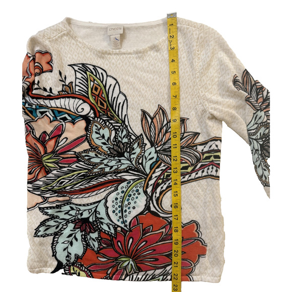 Chico's Sweater Womens Small 0 White Multicolor Floral Paisley Pullover Crewneck - Picture 5 of 6
